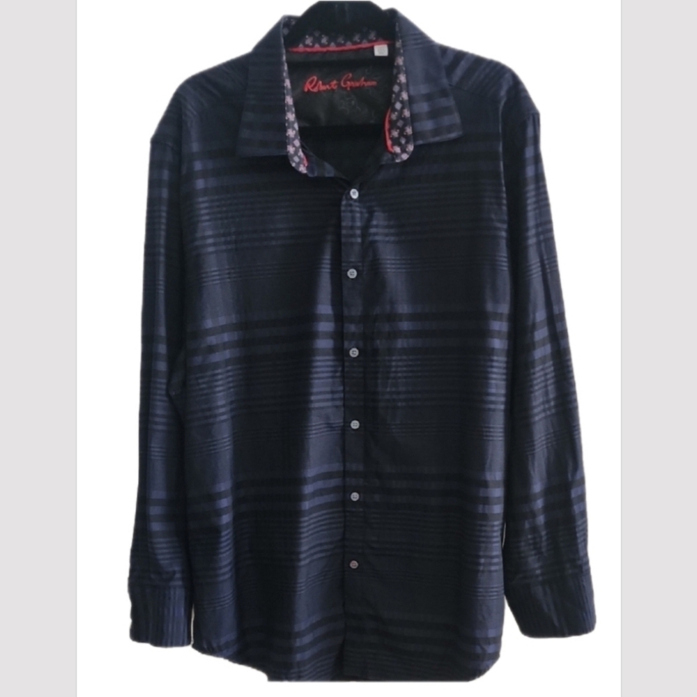 Robert Graham Dark Blue Striped Tailored Fit Button Down Shirt